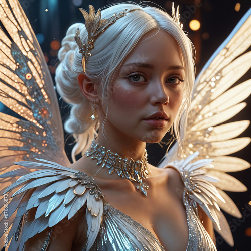This image depicts a beautiful fairy with large, striking white wings and a fierce yet lovely face. She is dressed in a flowing silk dress adorned with shining jewelry.