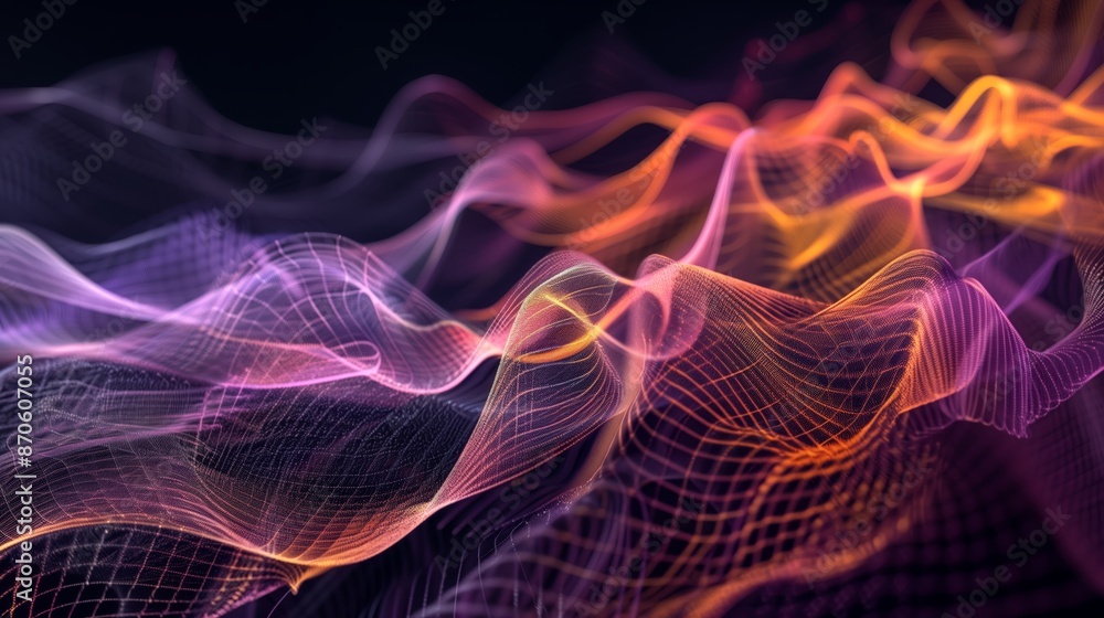 A digital art piece of abstract waves and lines forming complex patterns in a black background. A digital art piece of abstract waves and lines forming complex patterns in a black background.