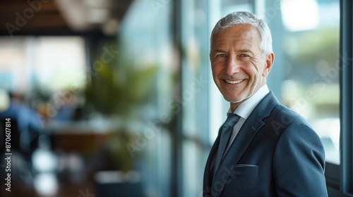 Smiling older bank manager or investor, happy middle aged business man boss ceo, confident mid adult professional businessman executive standing in office, mature entrepreneur headshot portrait.