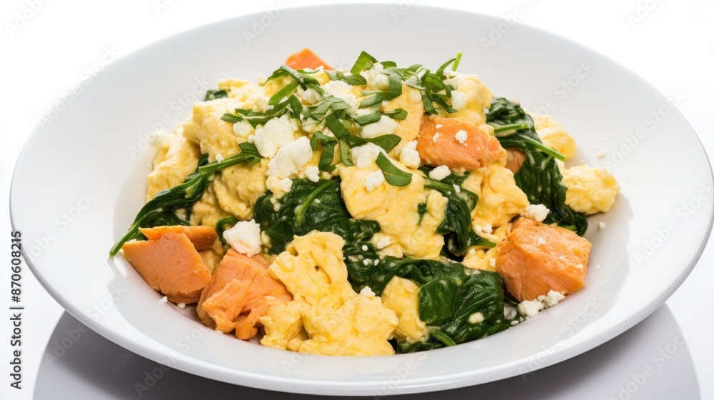A photo of a salmon breakfast scramble, featuring scrambled eggs A photo of a salmon breakfast scramble, featuring scrambled eggs