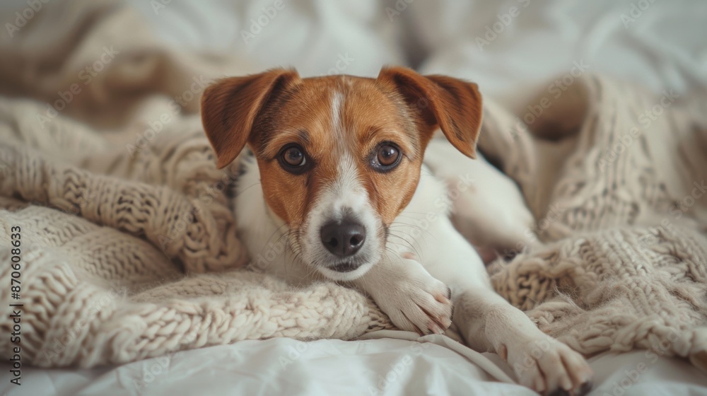 A cute dog lying comfortably on a cozy knitted blanket, indoors, giving a sense of warmth and relaxation. A cute dog lying comfortably on a cozy knitted blanket, indoors, giving a sense of warmth and relaxation.