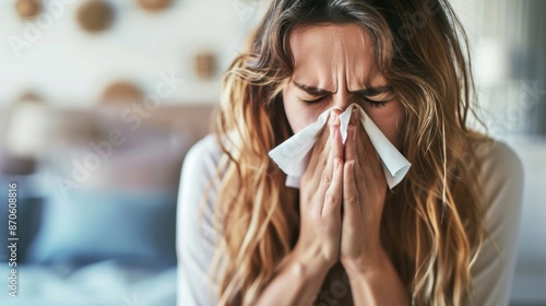 A woman sneezing into a tissue, indicating symptoms of a cold or allergies, in a cozy indoor setting.