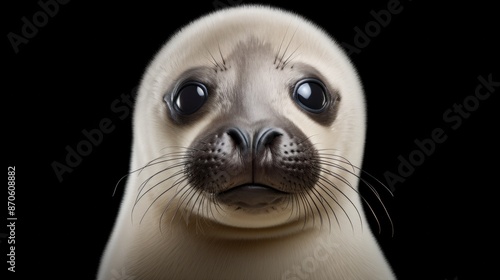 A photorealistic portrait of an adorable baby seal with big, curious eyes.