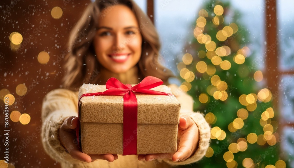 Nahaufnahme, Glückliches hübsche Frau, das ein Paket zum weihnachten ihre Liebsten überreich. Nahaufnahme, Glückliches hübsche Frau, das ein Paket zum weihnachten ihre Liebsten überreich.