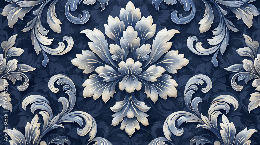 A luxurious damask wallpaper in royal blue and cream, featuring intricate vintage designs and a sophisticated, timeless appeal, captured in ultra-high definition. A luxurious damask wallpaper in royal blue and cream, featuring intricate vintage designs and a sophisticated, timeless appeal, captured in ultra-high definition.