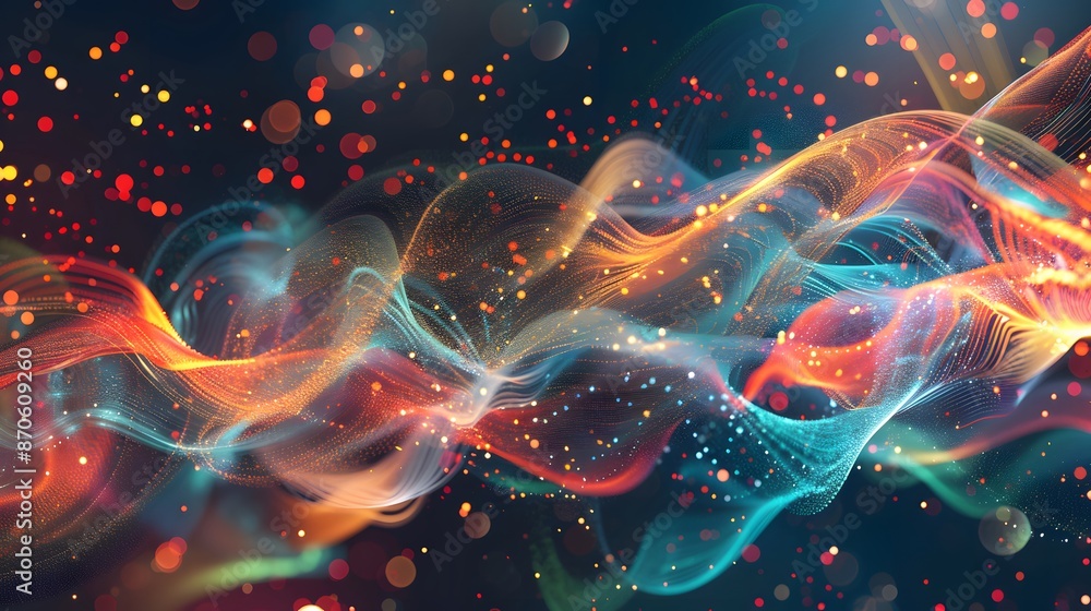 Obraz premium Abstract representation of various activation functions such as Re LU, Sigmoid and Tanh in neural networks. Each function manifests as a unique, lively energy wave.