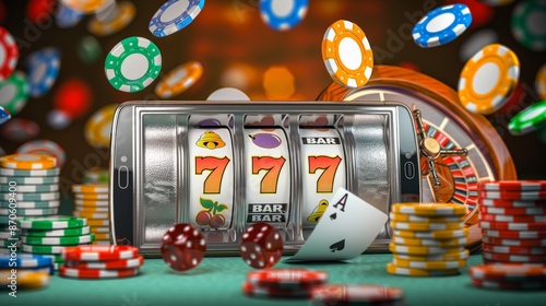 A phone shows a slot machine with sevens, an ace, chips, and a wheel