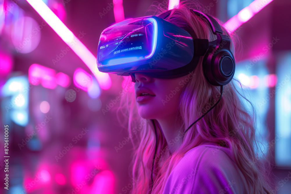 A Young Woman Wearing Glasses Of Virtual Reality On A Technological Background: Embracing The Future Of Immersive Technology A Young Woman Wearing Glasses Of Virtual Reality On A Technological Background: Embracing The Future Of Immersive Technology