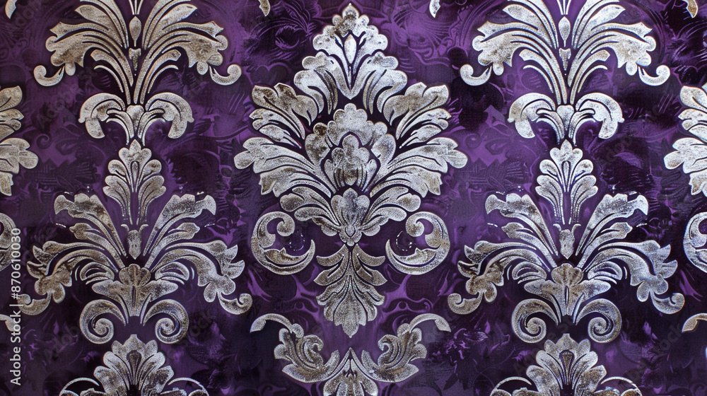 A regal damask wallpaper in deep purple and silver, featuring classical floral ornaments and a luxurious, antique feel, captured in stunning clarity.