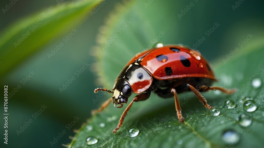 Beautiful ladybug on a green leaf of a plant with dew drops. Beautiful ladybug on a green leaf of a plant with dew drops.