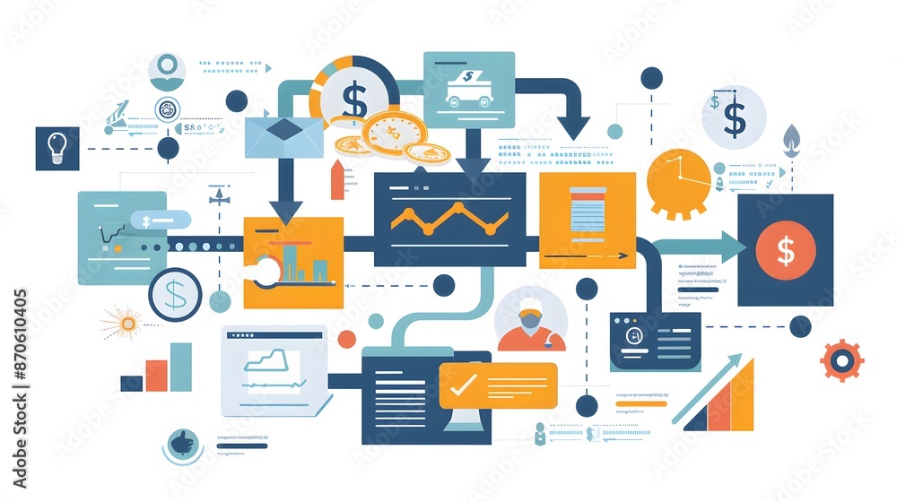 Cash flow statement with flowing arrows and icons showing cash flow from operations, investments, and financing. Emphasis is placed on moving cash through the company. Cash flow statement with flowing arrows and icons showing cash flow from operations, investments, and financing. Emphasis is placed on moving cash through the company.