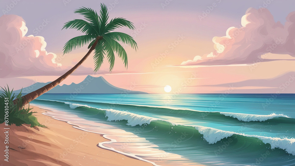 Fototapeta premium illustration of a serene beach at sunset, featuring gentle waves lapping against the shore, soft pastel colors filling the sky