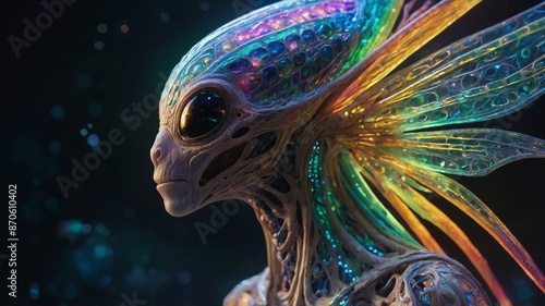 Glowing alien creature with delicate, translucent wings that shine like a rainbow.