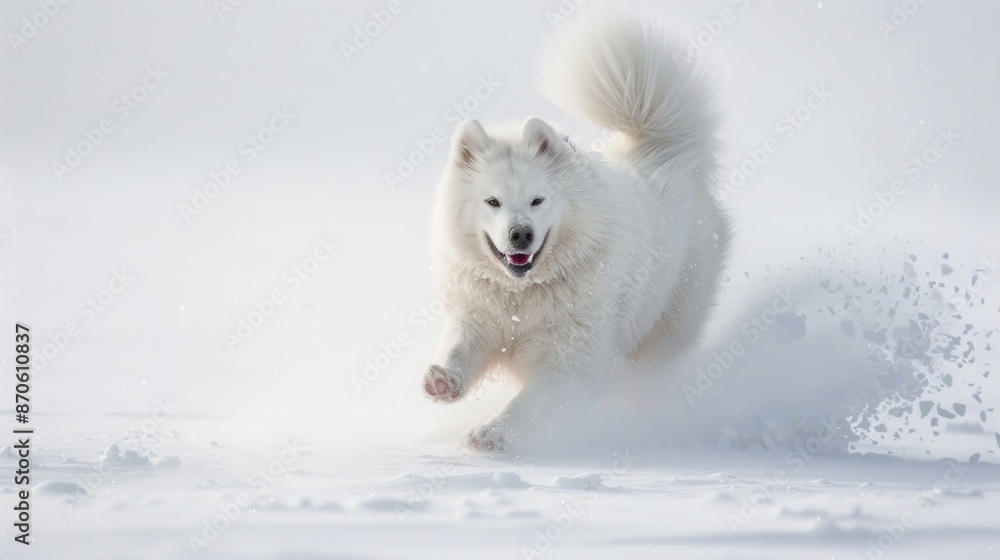 A playful Samoyed frolicking in the snow, its joyful leaps and bounds captured in a dynamic pose. A playful Samoyed frolicking in the snow, its joyful leaps and bounds captured in a dynamic pose.