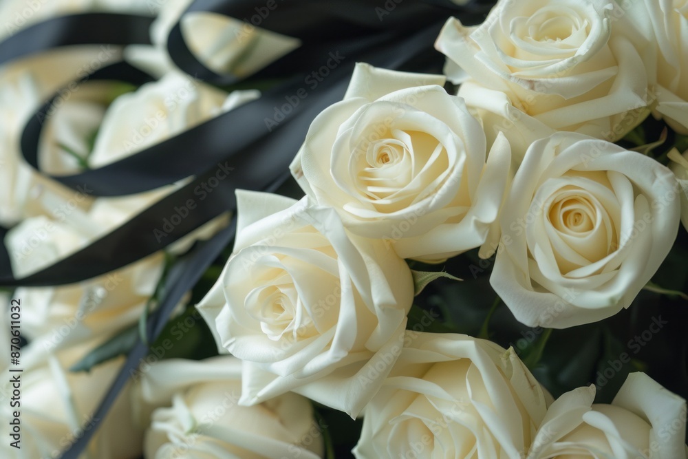 Obraz premium A bouquet of white roses adorned with elegant black ribbons. The contrast between the pure white flowers and the dark ribbons creates a striking visual impact