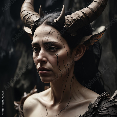 This image presents a close-up view of an ancient demon woman, meticulously carved out of dark wood. She has horns and wings and is captured looking down at the ground.
