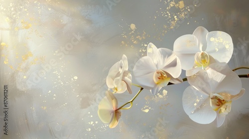 A radiant white orchid with petals adorned with intricate gold accents, blooming amidst a soft, diffused light.