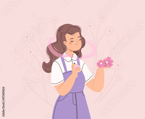 Girl testing new aroma. Young lady with perfume bottle and flowers. Female like fragrance, spring smell for woman. Beauty cosmetics vector concept