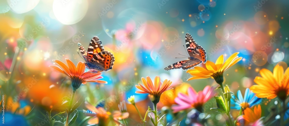 Two butterflies perched on bright flowers in a sunlit garden, surrounded by a dreamy bokeh background. Two butterflies perched on bright flowers in a sunlit garden, surrounded by a dreamy bokeh background.
