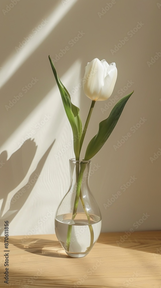 White tulip in a glass vase on a wooden table with sunlight and shadows, minimalist floral decor concept White tulip in a glass vase on a wooden table with sunlight and shadows, minimalist floral decor concept