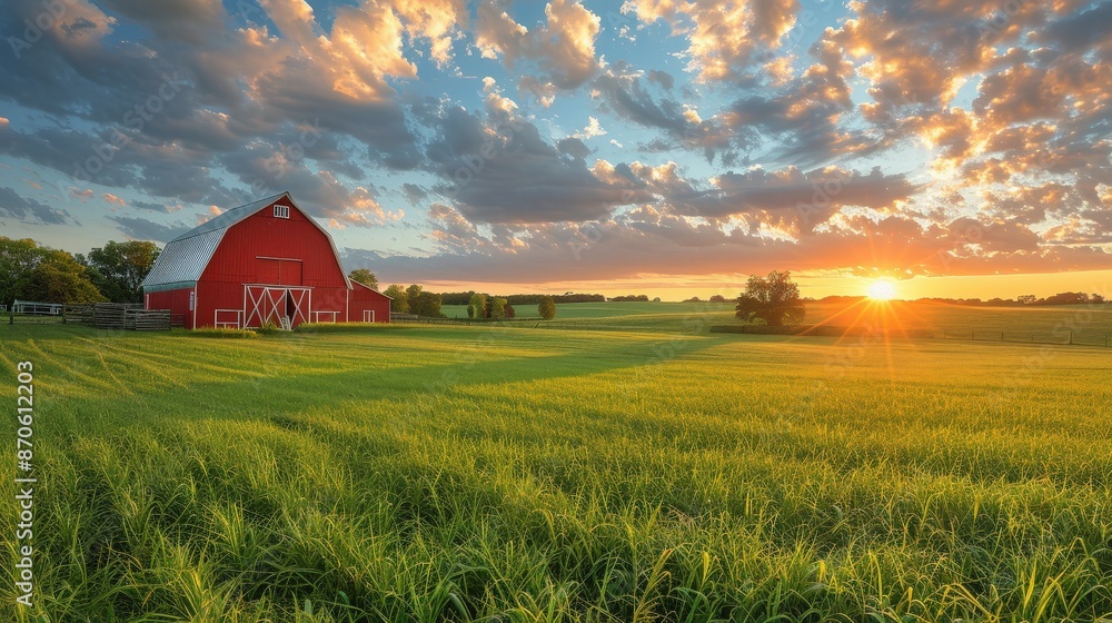 Obraz premium Stunning sunset over a red barn in a lush green field, with a dramatic sky filled with clouds.