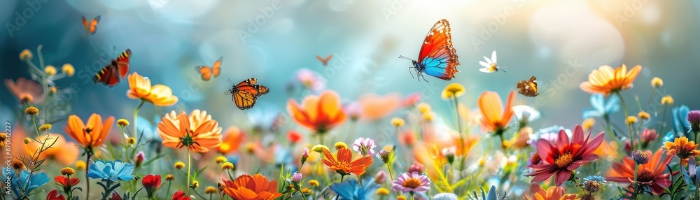 A stunning image of colorful butterflies fluttering among vibrant flowers in a sunlit meadow, showcasing the beauty of nature. A stunning image of colorful butterflies fluttering among vibrant flowers in a sunlit meadow, showcasing the beauty of nature.