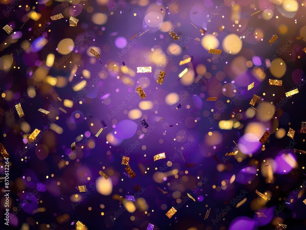 luxurious celebration backdrop shimmering gold and purple confetti suspended in midair soft focus bokeh creating depth and ambiance luxurious celebration backdrop shimmering gold and purple confetti suspended in midair soft focus bokeh creating depth and ambiance