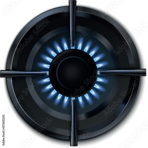 Gas burner with blue burning flame top view realistic vector illustration