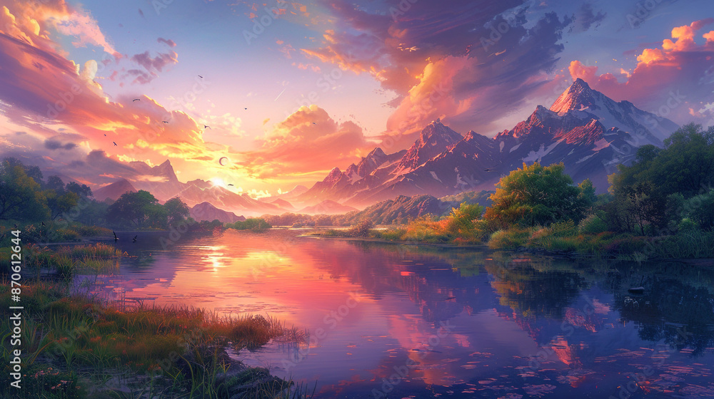 Obraz premium A peaceful riverside scene with towering mountains in the distance and a colorful sky during the golden hour.