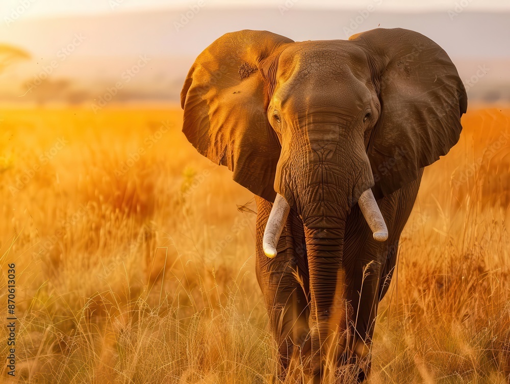 Obraz premium majestic african elephant in natural savanna habitat golden afternoon light illuminates its textured skin and powerful form capturing the essence of wildlife conservation and natural beauty