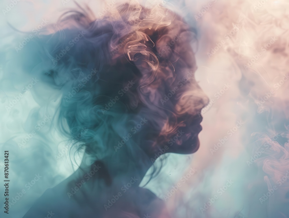 mental health visualization young womans head partially obscured by swirling ethereal mist muted colors and soft focus convey introspection and emotional complexity mental health visualization young womans head partially obscured by swirling ethereal mist muted colors and soft focus convey introspection and emotional complexity