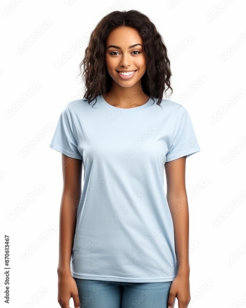 Latin american woman in light blue oversized crew neck t shirt on white background Latin american woman in light blue oversized crew neck t shirt on white background