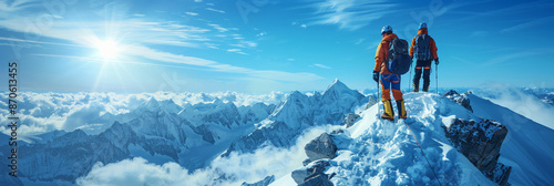 Two climbers conquer a snowy peak, amidst breathtaking panoramic views of the majestic mountains