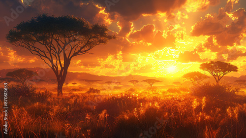 A vast, open savannah with acacia trees and a golden sunset in the background.