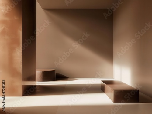 minimalist room with chocolatecolored geometric shapes dramatic lighting creates shadows and depth futuristic vibe for product showcase clean lines and smooth surfaces photo