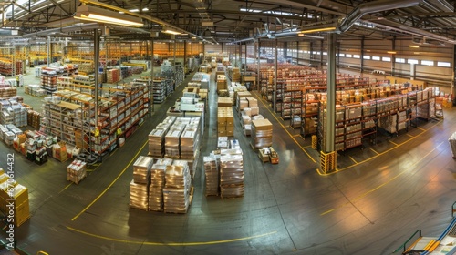 A panoramic view inside a bustling distribution center displaying aisles filled with assorted merchandise and supplies, conveying the complexity and efficiency of contemporary logistics © Kinto