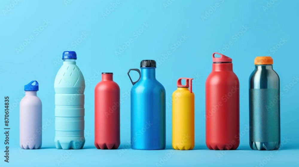 A set of reusable water bottles in various colors and sizes. A set of reusable water bottles in various colors and sizes.