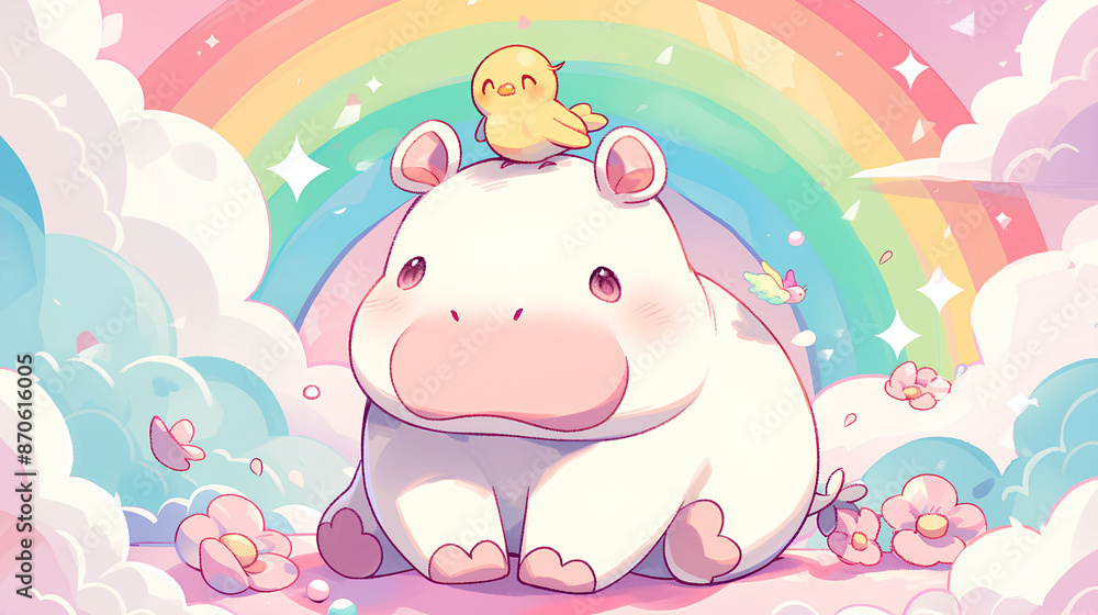 cartoon of a happy little hippo with a bird on its head cartoon of a happy little hippo with a bird on its head