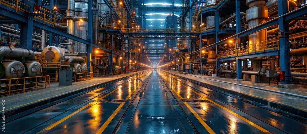 Industrial Interior with Metallic Structures and Yellow Lines Industrial Interior with Metallic Structures and Yellow Lines