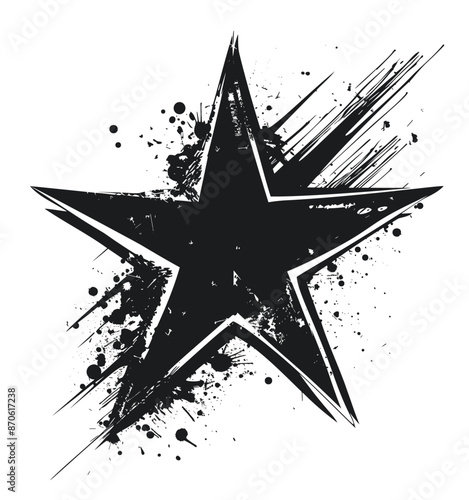 Black and white distressed and disintegrating five-pointed star with a dripping effect, stencil and paint graffiti. The edges of the star are uneven and ragged