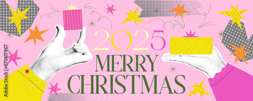 Halftone xmas design 2025. Collage with hand and gift, star. Halftone vector hand and doodle graphic