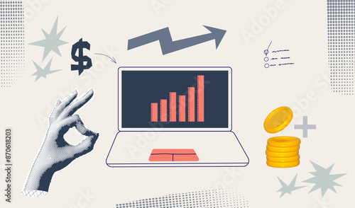 Halftone collage invest banner with hand, laptop. Growth finance business and marketing. Concept with halftone hand. Vector contemporary illustration