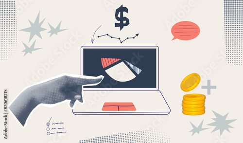 Halftone collage invest banner with hand, laptop. Growth finance business and marketing. Concept with halftone hand. Vector contemporary illustration