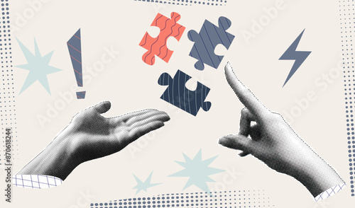 Halftone collage invest banner with hand, puzzle. Growth finance business and marketing. Concept with halftone hand. Vector contemporary illustration