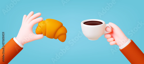 3d morning coffee. Croissant and espresso or americano, fast tasty breakfast concept. Cafe cafeteria and bakery food, realistic render pithy vector banner