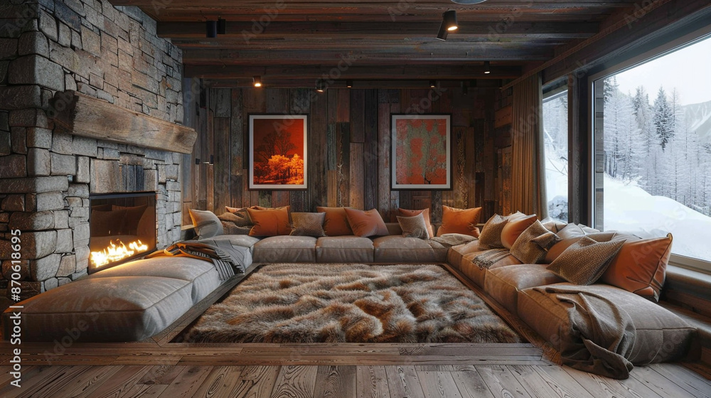 A rustic sunken living room with a rectangular conversation pit surrounded by wooden built-in seating. A rustic sunken living room with a rectangular conversation pit surrounded by wooden built-in seating.