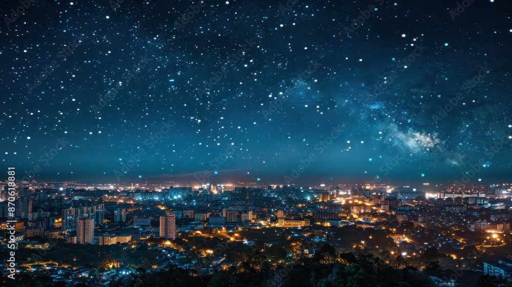 Fototapeta premium A starry night sky over a bustling cityscape, the urban lights contrasting with the vastness of the cosmos.