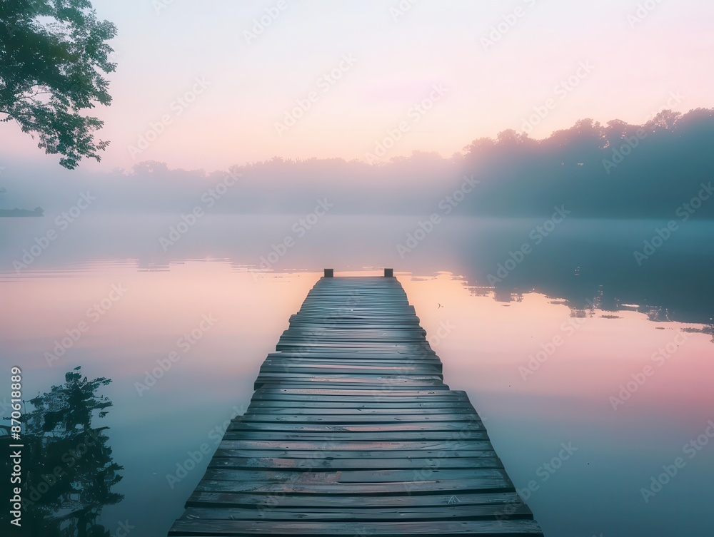 serene lakeside pier at sunrise misty waters reflect pastel sky wooden dock extends into tranquil lake silhouette of trees frame scene atmosphere of peace and new beginnings serene lakeside pier at sunrise misty waters reflect pastel sky wooden dock extends into tranquil lake silhouette of trees frame scene atmosphere of peace and new beginnings