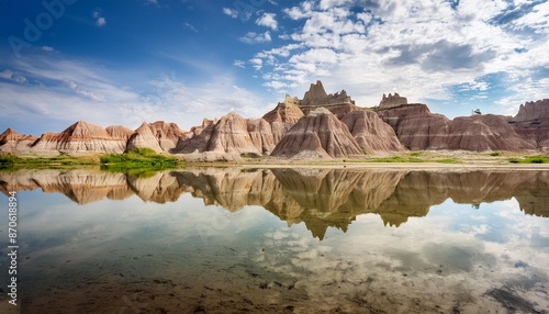 perfect reflection of the detailed ridges of badlands in still water creating a symmetrical visual illusion of this rugged landscape under a cloud speckled sky