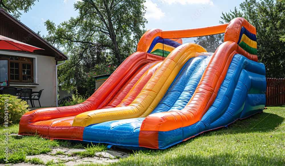 A brightly colored inflatable slide sits on green grass. Generative AI A brightly colored inflatable slide sits on green grass. Generative AI
